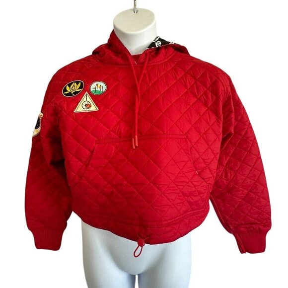 DESIGUAL Red Quilted Padded Hoodie With Patches Cropped Sz M NWT Puffer Pullover - Picture 4 of 12